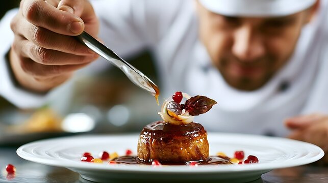 Chocolate dessert with raspberries and mint garnish on white plate