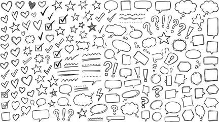 Fototapeta premium Hand drawn speech bubbles and infographic elements set featuring sketchy hearts stars check marks exclamation points and question mark doodles.eps