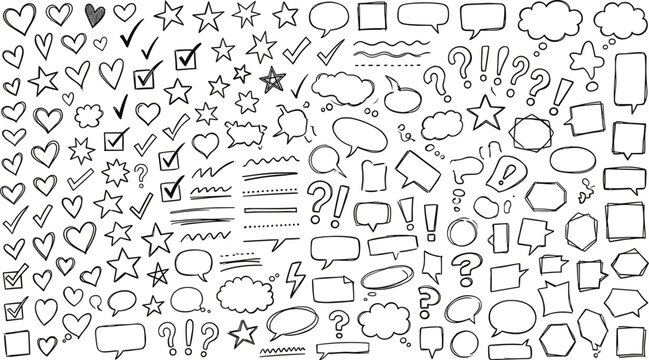 Hand drawn speech bubbles and infographic elements set featuring sketchy hearts stars check marks exclamation points and question mark doodles.eps