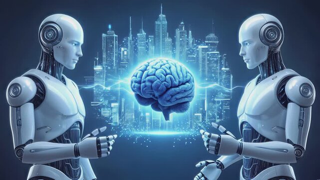 Two humanoid robots interacting with glowing human brain in futuristic city. Static wide shot.