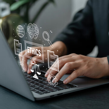 Business Ethics Concept: A person's hands typing on a laptop keyboard, with an overlay of icons representing ethics, including a brain, scales of justice, magnifying glass, documents, globe.