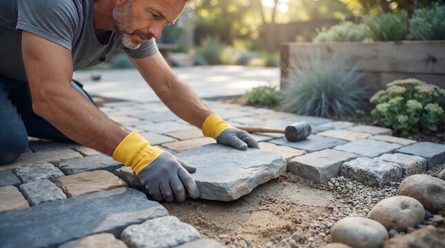 Landscaper laying grey block pavers for patio