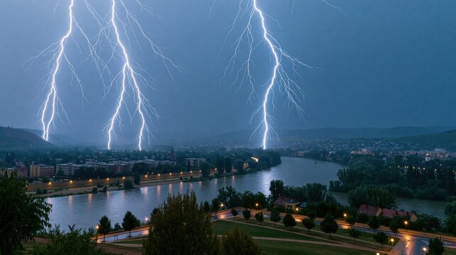 Dramatic lightning storm over river valley town at dusk with multiple lightning bolts striking the cityscape