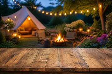 Fototapeta premium Wooden table in foreground overlooking lit campsite at dusk outdoors