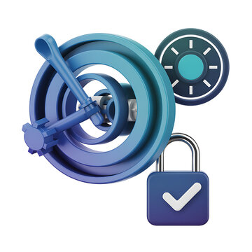 Security Symbols: A lock with a checkmark, a wheel lock, and a circular dial lock combine to represent security, safety, and protection.