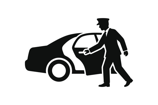 Black silhouette of a chauffeur opening a car door for a passenger with employee