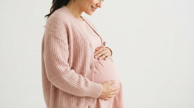 Pregnant woman touching her belly isolated on a white background.