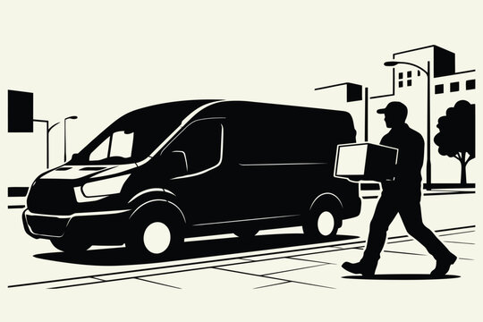 Delivery courier walking to a van holding a cardboard package with delivery