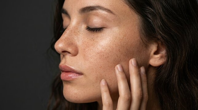 Close up view of a tender woman with freckles on her face isolated on grey background.