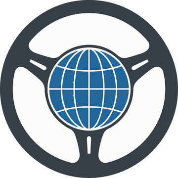 Steering wheel icon with global globe symbol for international automotive