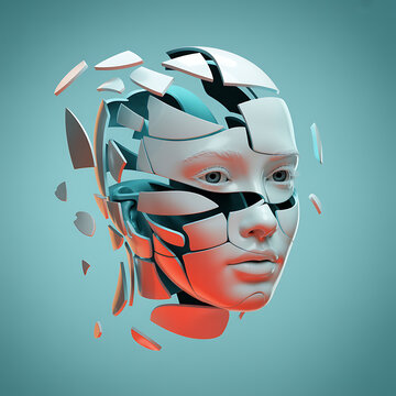 Abstract Fragmented Face: A striking 3D render depicts a serene female face composed of fragmented white and teal geometric pieces, exploding outwards against a calm teal background.