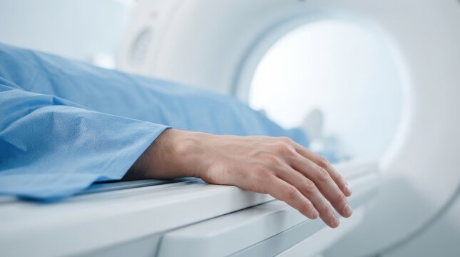 A patient lying on a CT scanner bed during a tomography medical test.