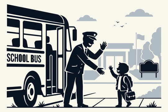 School bus driver waving to young student arriving at school in morning light