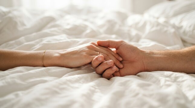 Partial view of a couple holding hands while lying in bed together.