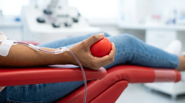 Multiracial woman holding a red rubber ball while sitting in an ergonomic medical chair for blood donation.
