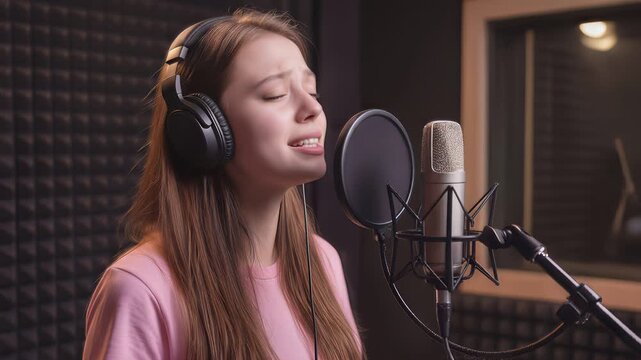 Young woman singing into professional condenser microphone in recording studio. Aspiring artist performing vocal track with headphones. Static medium shot.