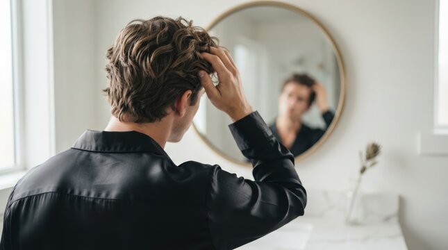 A young man touching his hair while looking into a blurred bathroom mirror.