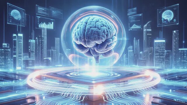 Artificial intelligence brain glowing inside glass sphere above motherboard. Futuristic city skyline with digital data screens in background. Lockdown wide shot.