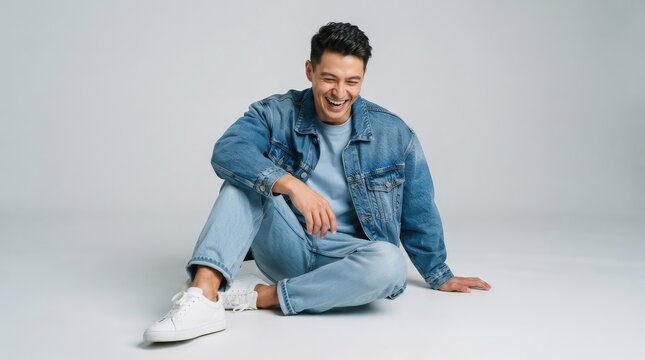 Stylish man in denim jacket and jeans sitting and laughing on grey background
