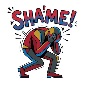 Comic style illustration of man hiding face in shame and regret