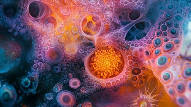 Abstract vibrant colorful swirling pattern with bubbles and cells.
