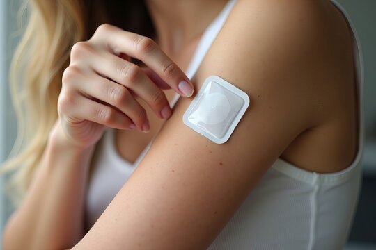 Title: Depiction of Empowerment: Woman Applying Contraception Patch to Arm