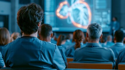 Obraz premium Medical professionals attending a lecture on cardiology with a heart diagram on screen