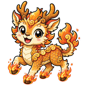 Adorable Baby Qilin Creature With Radiant Golden Scales And Magical Flaming Hooves In A Whimsical Fantasy Art Style
