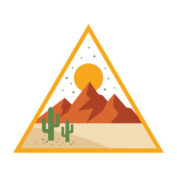 Desert landscape with cactus and mountains at sunset in triangle shape symbol