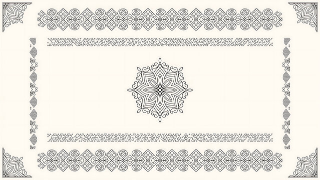 Decorative black frame with a central mandala and geometric borders isolated on a transparent background