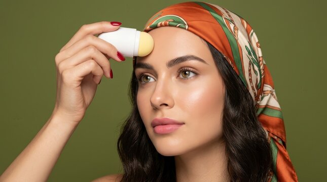 Young woman in summer fashion wearing a vibrant headscarf in a green studio