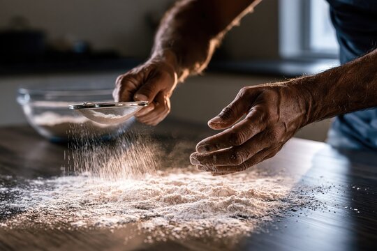 Hands Sifting Flour into Bowl