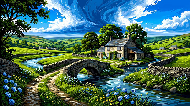Idyllic English countryside landscape illustration featuring a charming stone cottage with a babbling brook and a rustic arched bridge in summer
