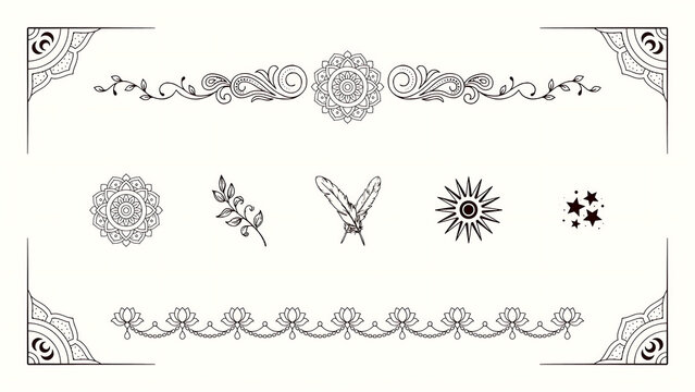 Decorative bohemian border with mandala and floral motifs isolated on a transparent background