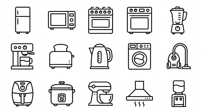 Minimalist outlined icons of household appliances: refrigerator, microwave, oven, blender, mixer, toaster, kettle, washer, vacuum, air fryer, rice cooker, hood, processor.