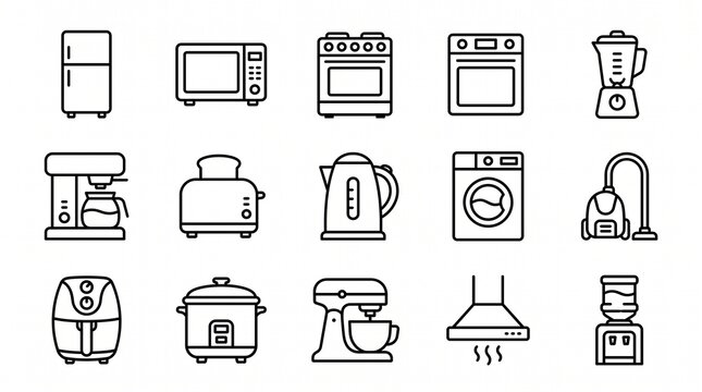 Minimalist outlined icons of household appliances: refrigerator, microwave, oven, blender, mixer, toaster, kettle, washer, vacuum, air fryer, rice cooker, hood, processor.