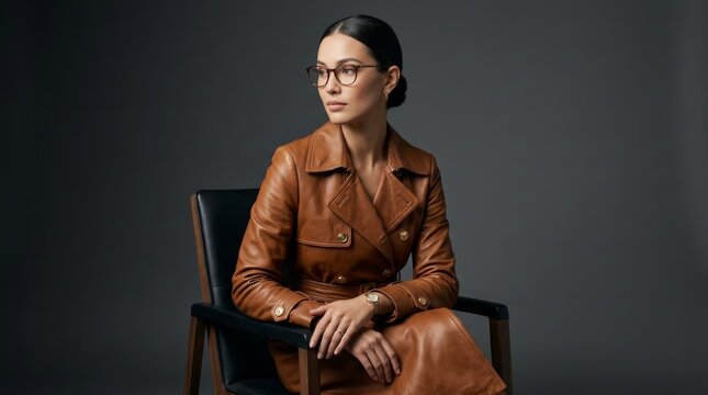A stylish young woman posing gracefully in a chic leather coat within a modern studio.
