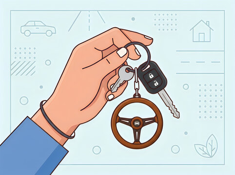 Person holding car keys with steering wheel keychain in hand keychain steering
