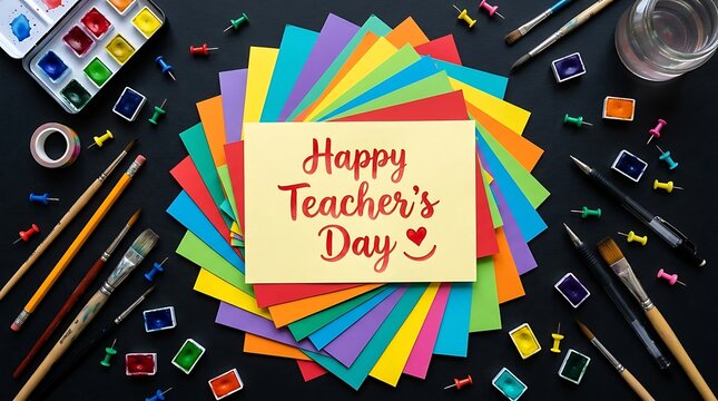 Happy teachers day colorful art supplies and appreciation message