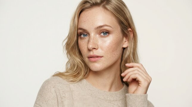 A captivating woman with radiant skin embodies spring chic elegance in a minimalist setting.
