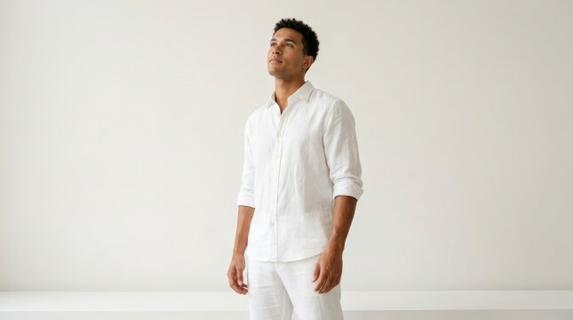 A vibrant young man in elegant attire showcasing confidence and charm in a minimalist space.