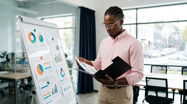 A young man presenting innovative ideas and data charts in a modern workspace.