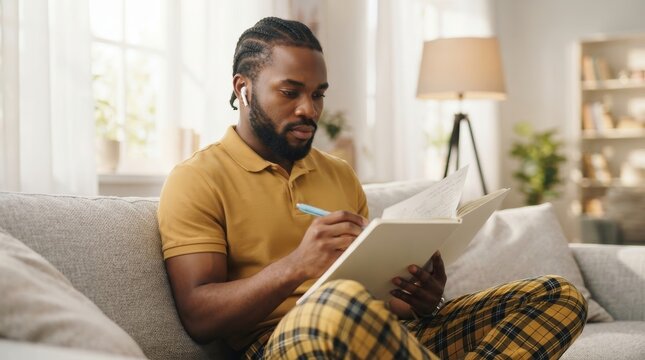A focused young man works remotely while reading a notebook in a cozy setting.