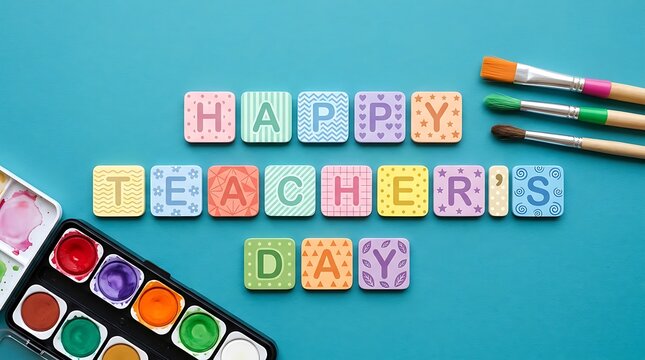 Happy teachers day colorful letter tiles with art supplies for appreciation
