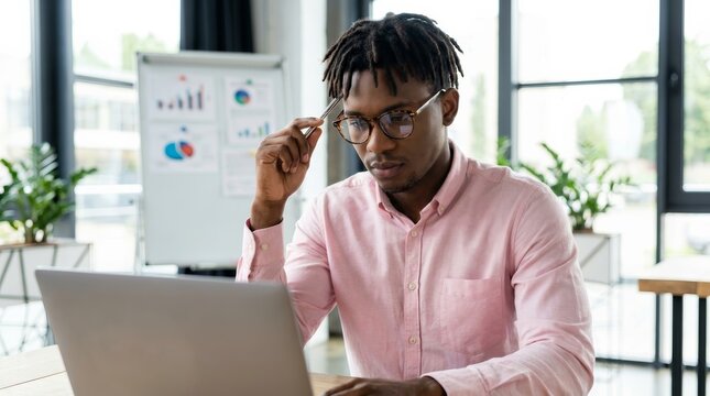 A focused young African American man working on a laptop in a modern workspace.