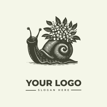 Vintage style hand drawn illustration of a cute snail carrying a bouquet of flowers on its shell.