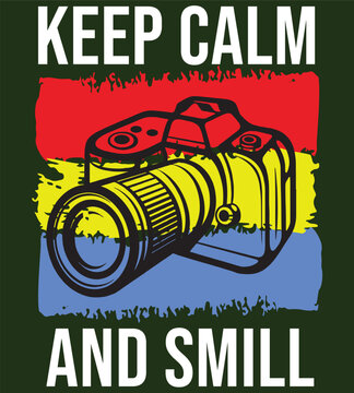 Vintage DSLR camera vector illustration, Keep Calm and Smile typography, retro photography graphic with red yellow and blue stripes
