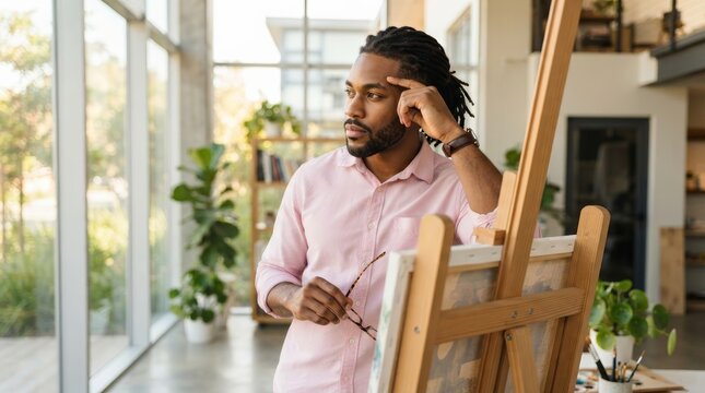 A young man deep in thought while working in a bright office space.
