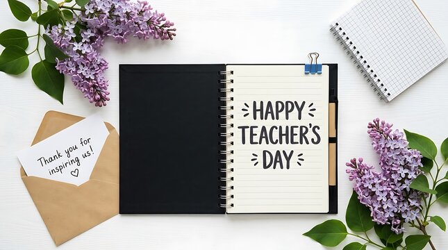 Happy teachers day appreciation card lilacs open notebook thank you message