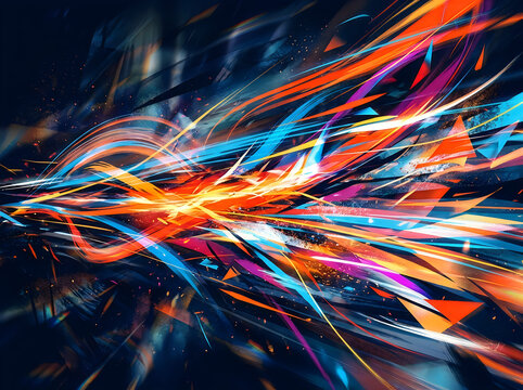 Abstract background of colorful motion light trails on dark backdrop